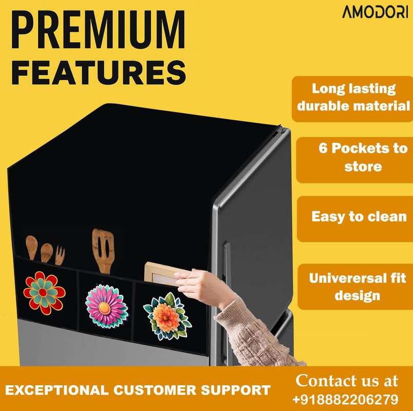 AMODORI Fridge Top Cover – Waterproof Cloth with 6 Side Storage Pockets with Flower Print Black Colour 3