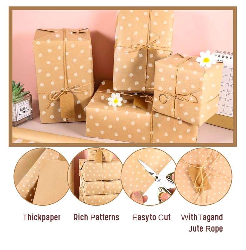 TOWNBUS | Pack of 20 |45cm x 60cm |100 GSM Kraft Paper with Minimal Lines Print & Smudge dots in White | with 20 Tags & Jute Ropes | Perfect for Gift Packing, Bouquet Wrapping and so on 5