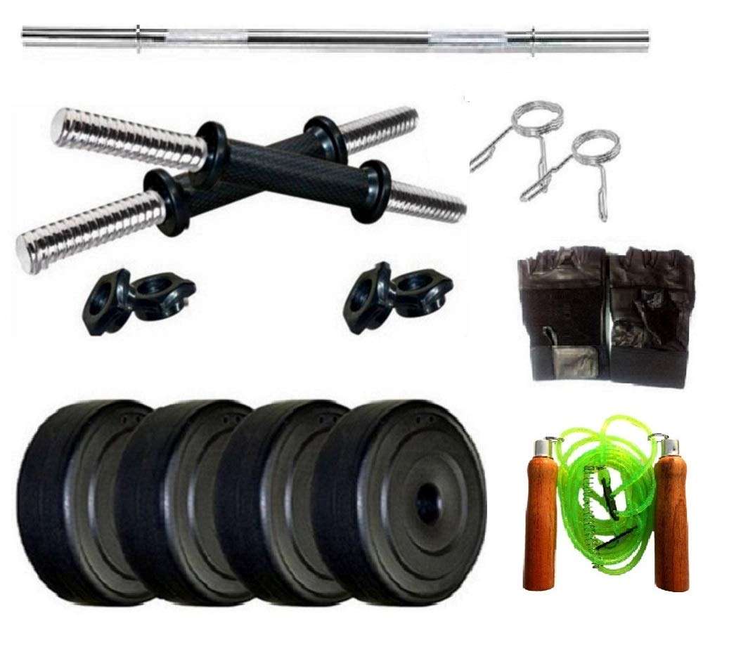 Spanco Home Gym with 8 Kg. P.V.C Weight Plates (2 Kg. X 4 = 8 Kg.), Straight Rod, Dumbell Rods & 2 Accessories for Fitness, Weight Lifting, Muscles Building, Body Toning & Body Shaping