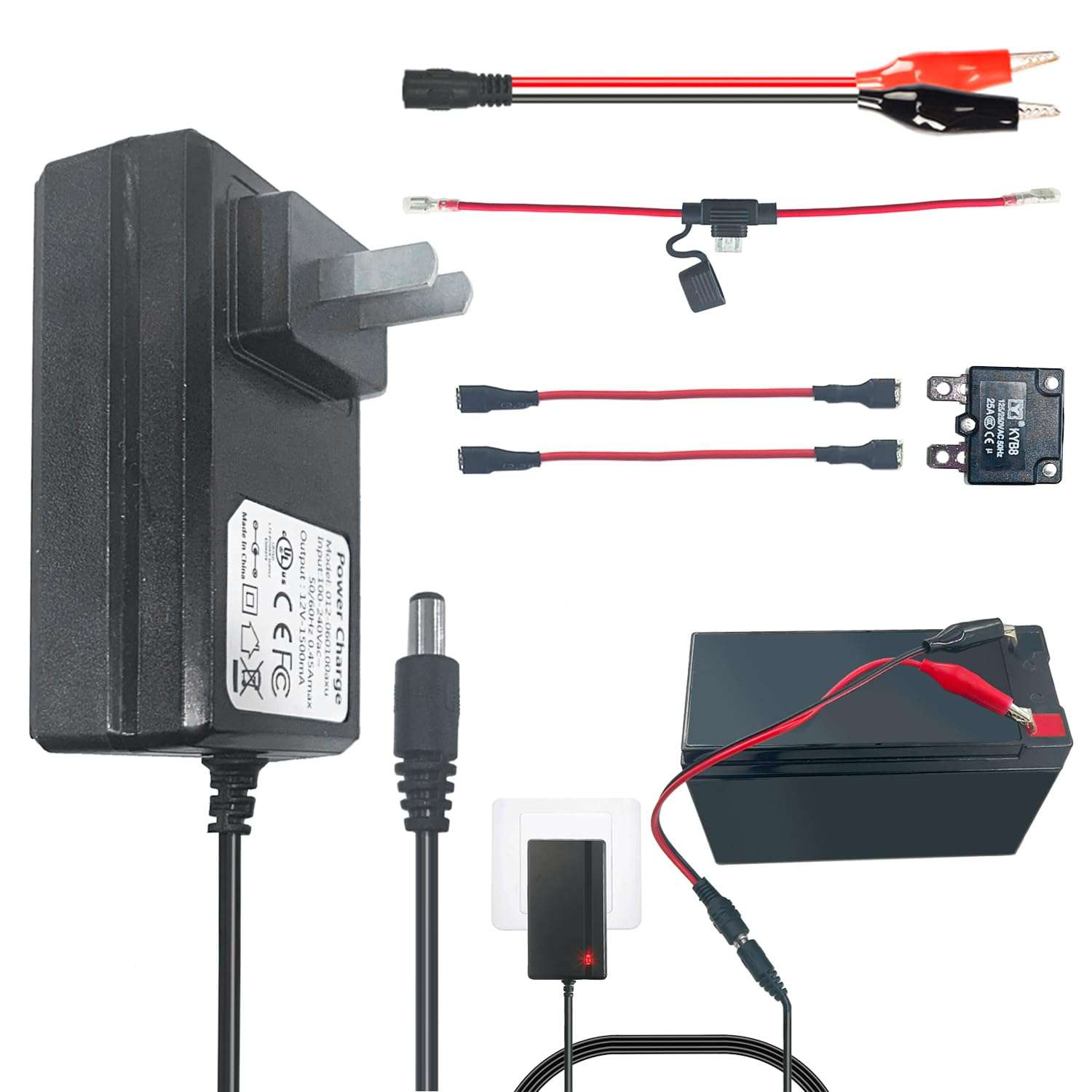 12V Battery Charger for Kids Ride On Toy Cars, Universal 12 Volt Power Wheels Battery Charger, Suitable for Best Choice Jeep Tractor Motorcycle ATV Accessories, Free Alligator Clip, 2 Fuses 1