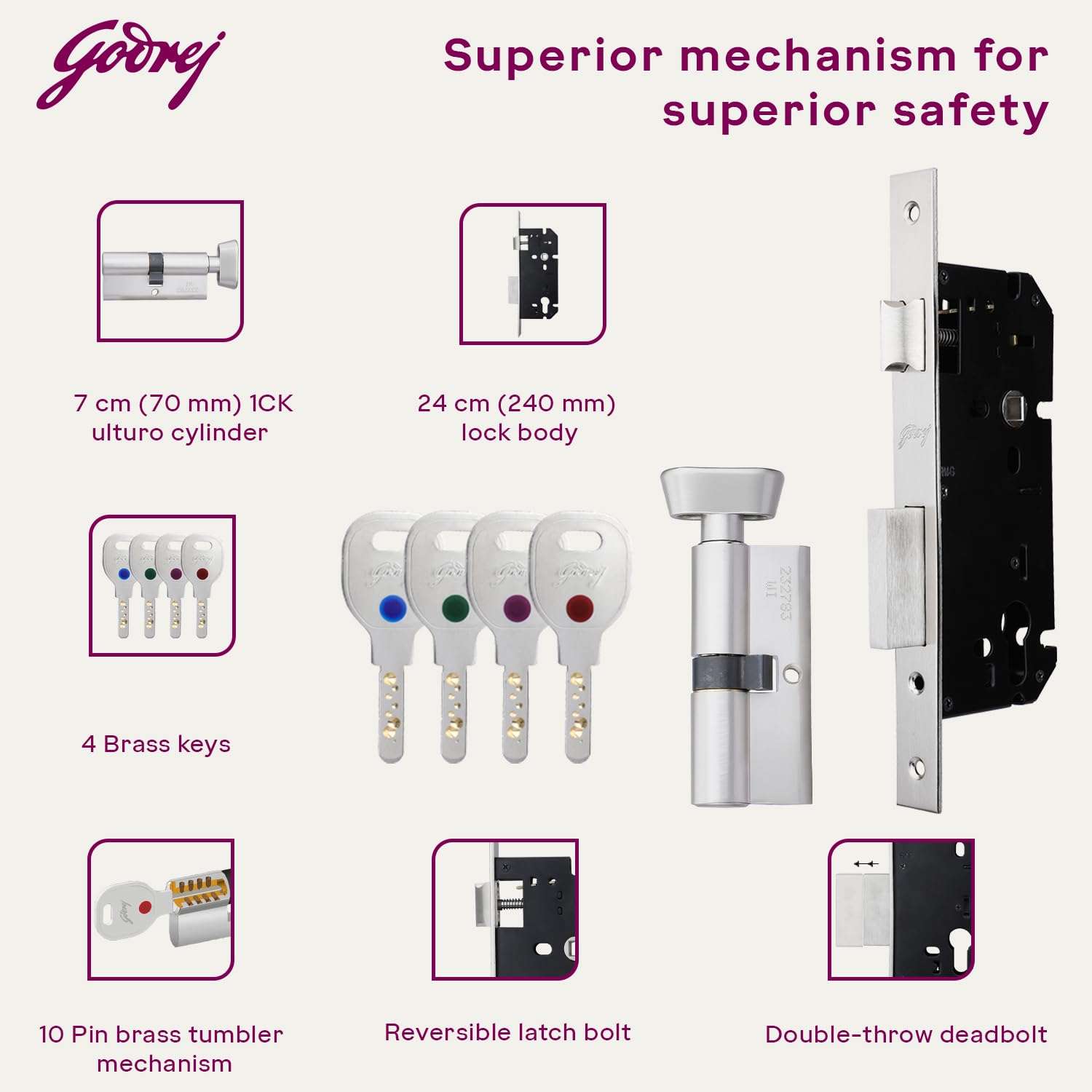 Godrej Mortise Lock|Handle Lock Set for Main & Bedroom Door|HDH 08 Rossette Home Décor Handle|Satin Steel Finish|9 Inch Lockbody|70 mm 1CK Cylinder - Knob from Inside & 3 Keys |5 Years Warranty 4