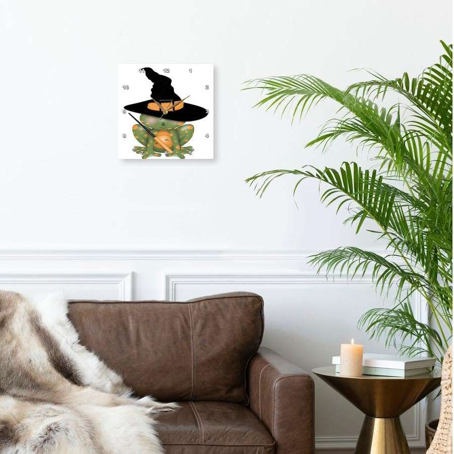 3dRose Wall Clock Silent - 10 inch - Cute Halloween Orange and Green Frog with Hat Illlustration - Cute Illustrations 2