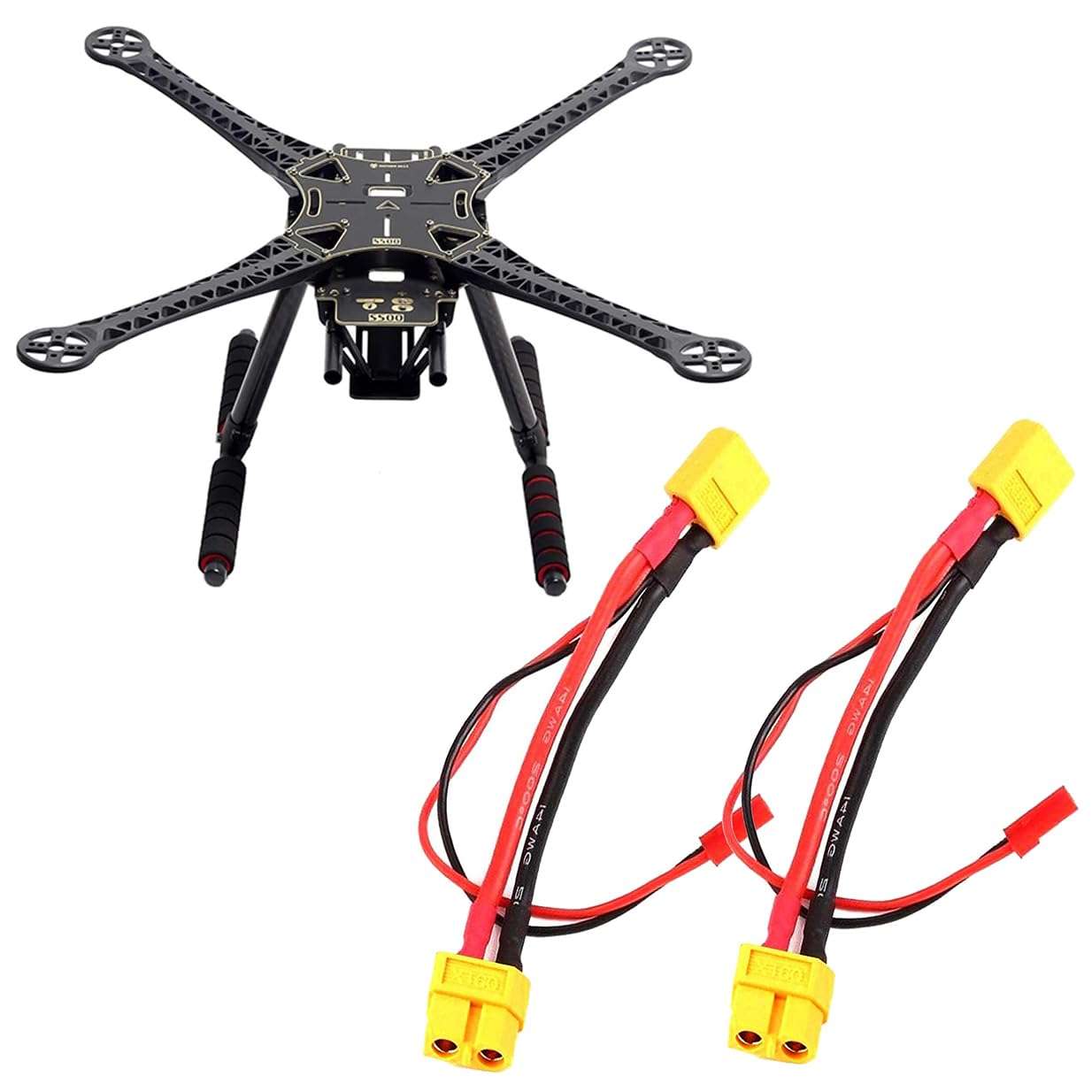 S500 RC Quadcopter Fuselage Frame Kit PCB Version with Carbon Fiber Landing Gear Skide Kits & 2PCS XT60 XT-60 Male to Female Battery Connector Adapter with JST Cable