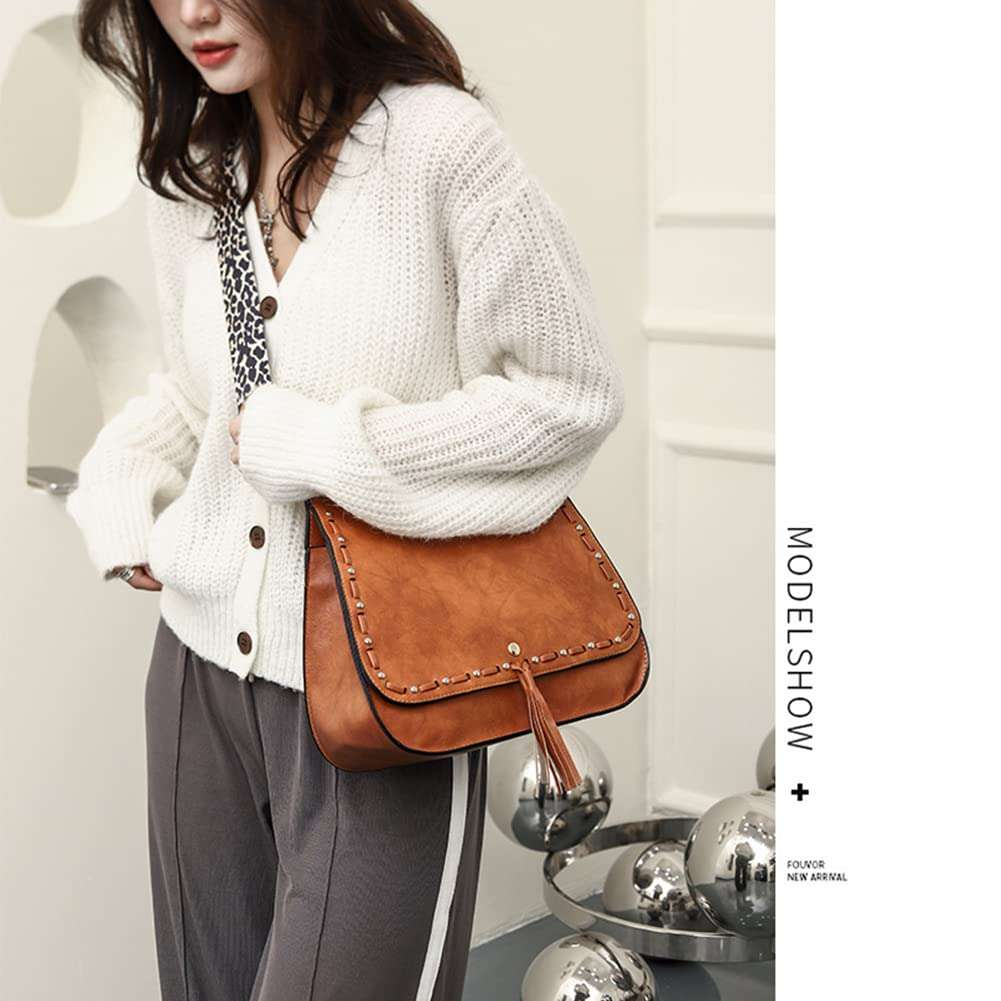 HQSOG Women Crossbody Handbag Faux Leather Shoulder Retro Purse Flap Satchel with Tassel and leopard print strap 3