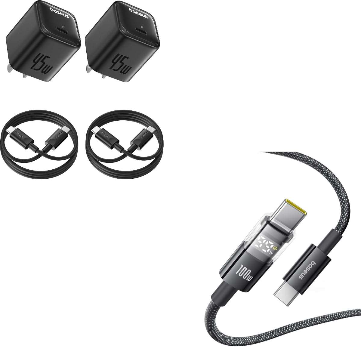 Baseus 45W USB C Charger Block, 2 Pack & 100W USB C Cable 1