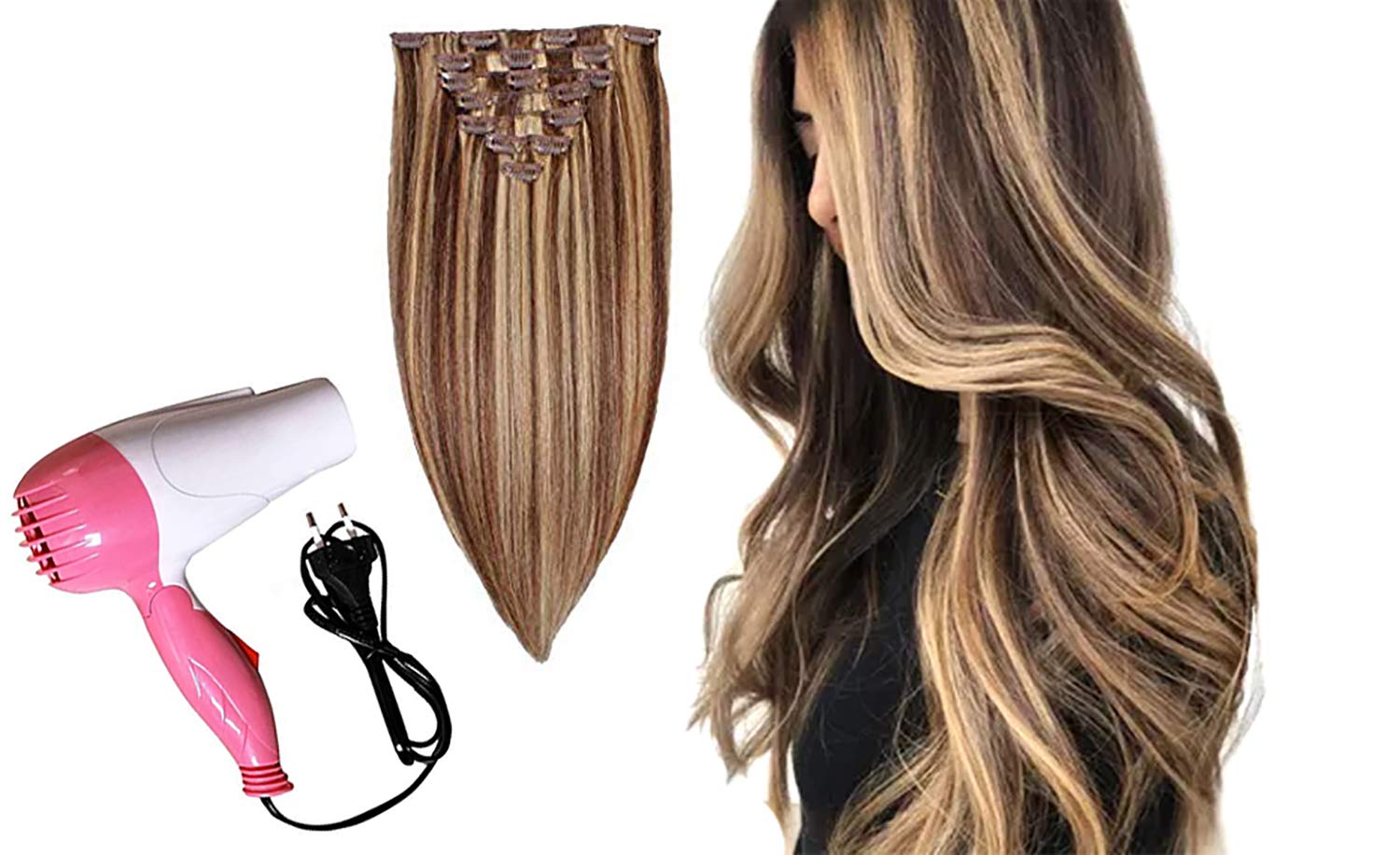 Majik 18 Inch Human Hair Extensions for Women, 50 Gram, 7 Pcs, Golden Highlighting (Free Hair Dryer, 4 Clips, Neem Wood Comb)