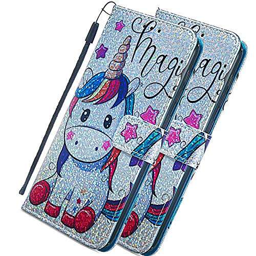 HMTECHUS Moto G7 Play Case Shiny Rhinestone Sparkle Bling Wallet Card Holder Flash Chip PU Leather Anti-Slip Shockproof Magnetic Flip Cover for Motorola Moto G7 Play (US Model) Star Unicorn YB 1