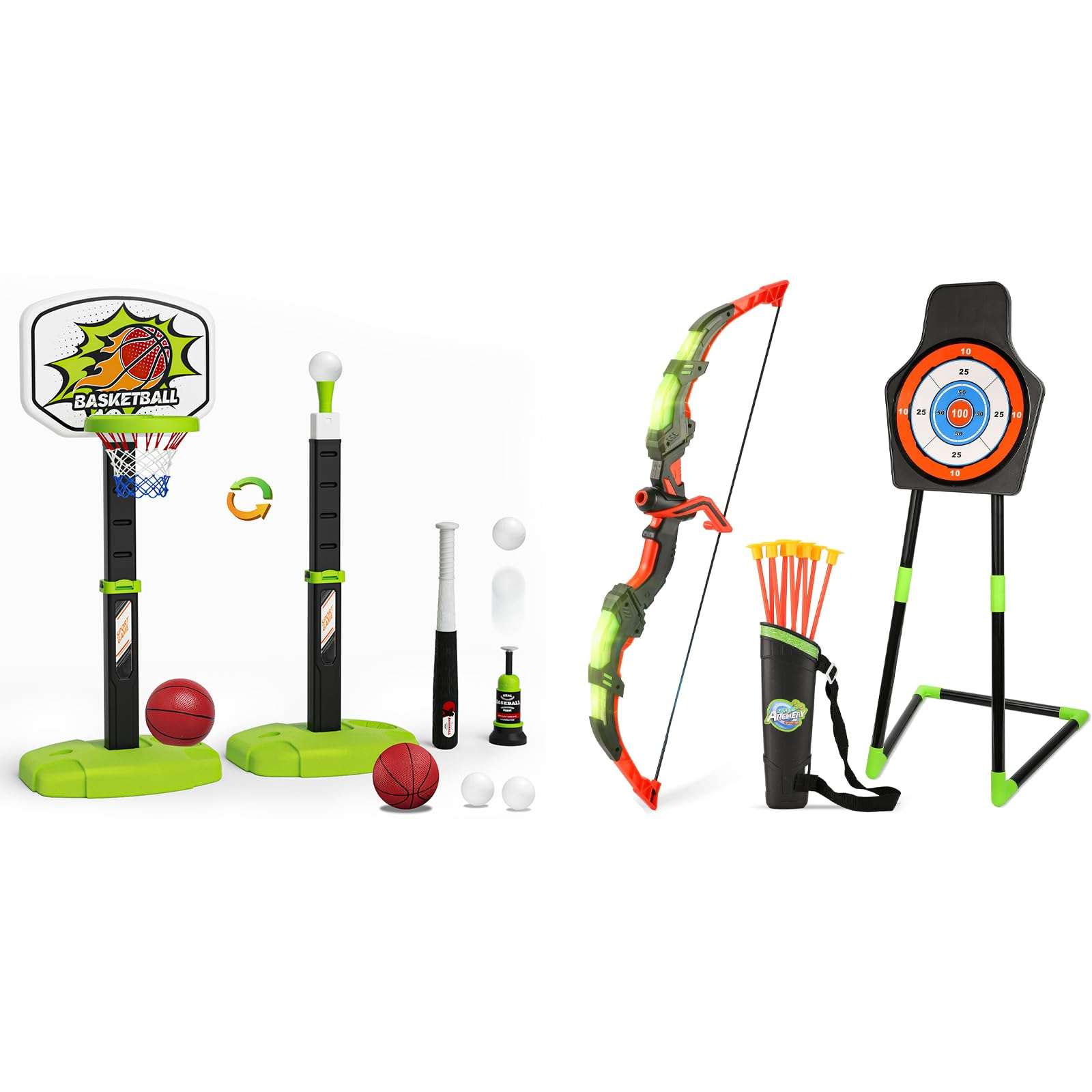 Outdoor Sport Toys Light Up Archery & Toddler Basketball Hoop and Tee Ball Set for Boy Bow and Arrow Set with 10 Suction Cup Arrows Baseball Tee with Automatic Pitching Machine Christmas Birthday Gift 1