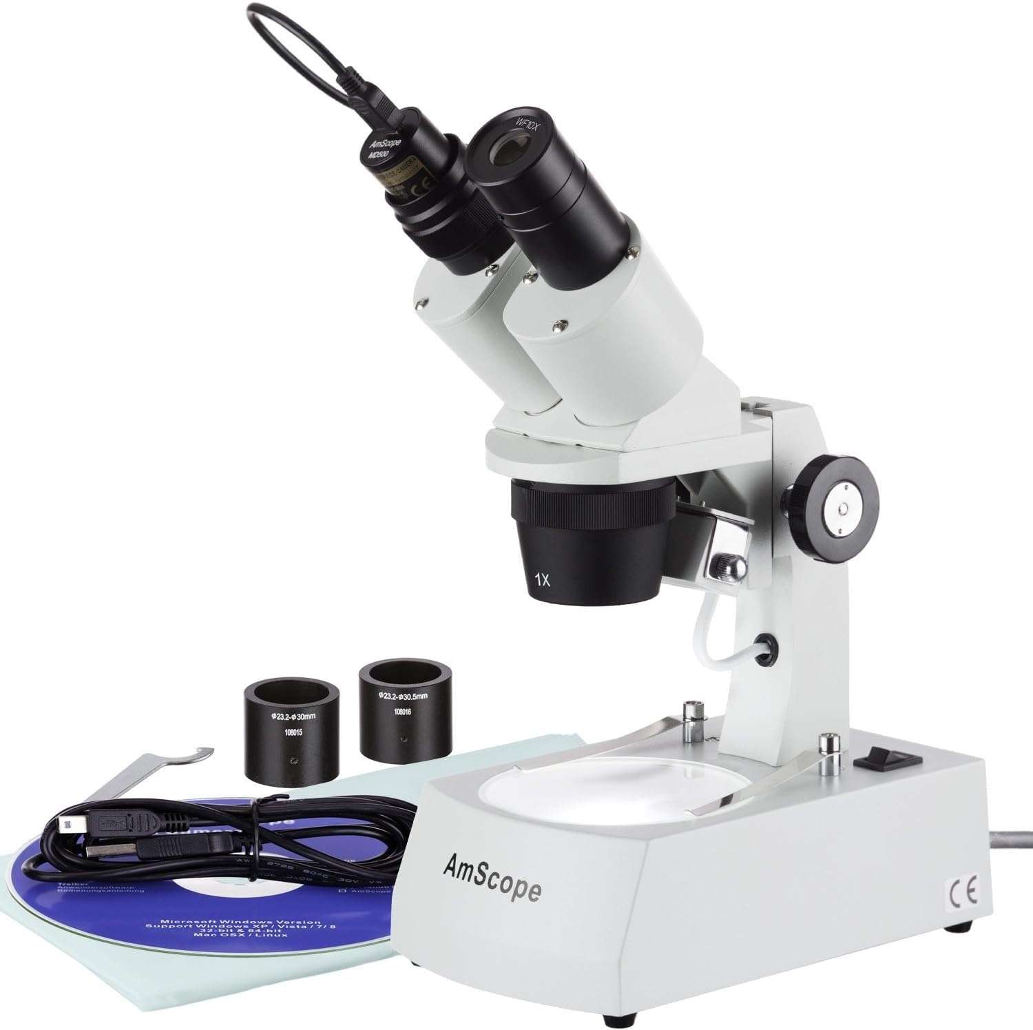 AmScope SE305R-A-E Digital Forward-Mounted Binocular Stereo Microscope, WF10x Eyepieces, 10X/30X Magnification, 1X and 3X Objectives, Upper and Lower Halogen Light Source, Arm Stand, 120V, Includes 0.3MP Camera and Software 1