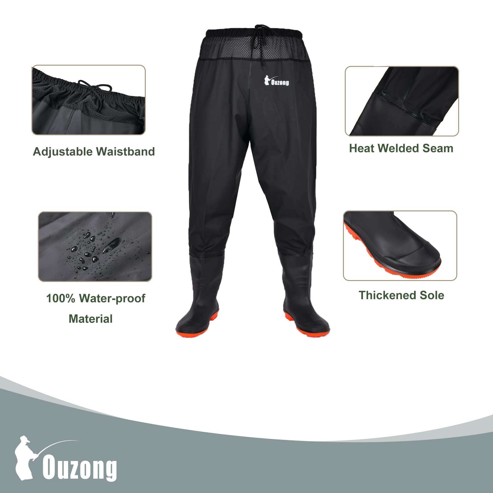 Waist Wader Pants Fishing Waders for Men Women with Boots Waterproof Bootfoot Insulated Wading Pants Waders for Outdoors Hunting Duck (Black, 10) 4