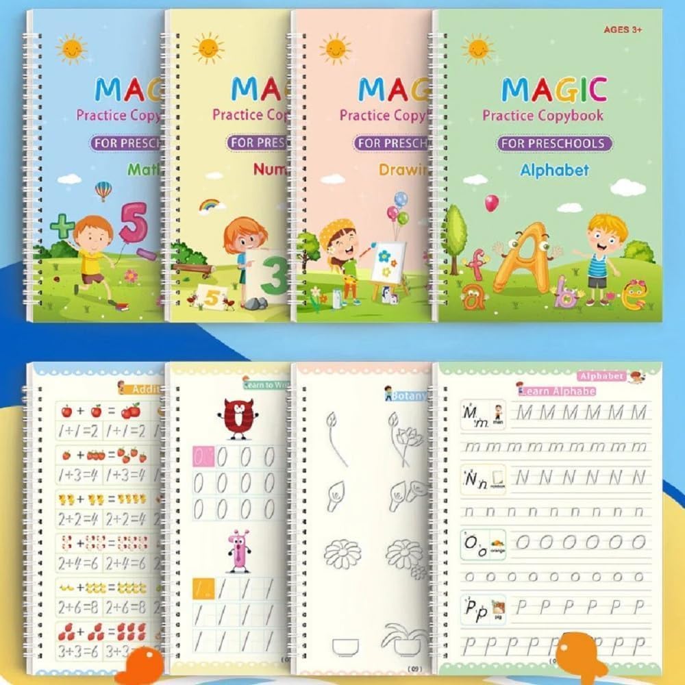 Magic Practice Copybook for Kids, Reusable Calligraphy and Number Tracing Workbook Set, 4 Books with 10 Refills and 1 Pen, Ages 3+, Preschool Learning Kit