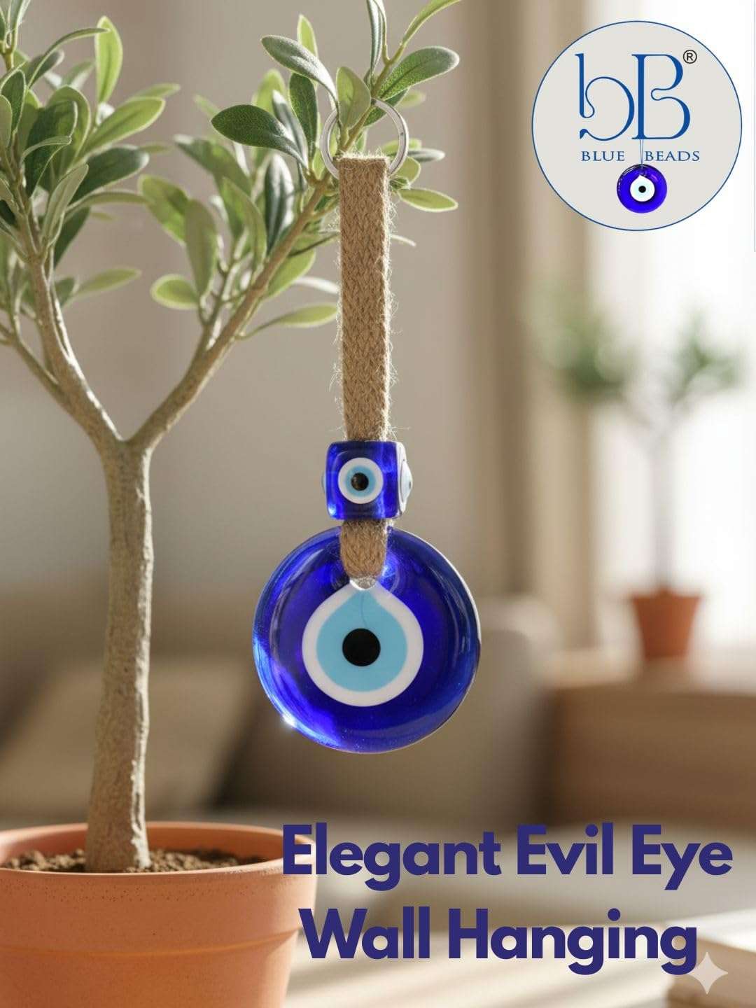 BLUE BEADS Turkish Feng Shui Vastu Blue Glass Evil Eye Hanging/Door Hanging Nazar Batu for Protection and Good Luck - Perfect for Gifting Home or Office (Jute) 4