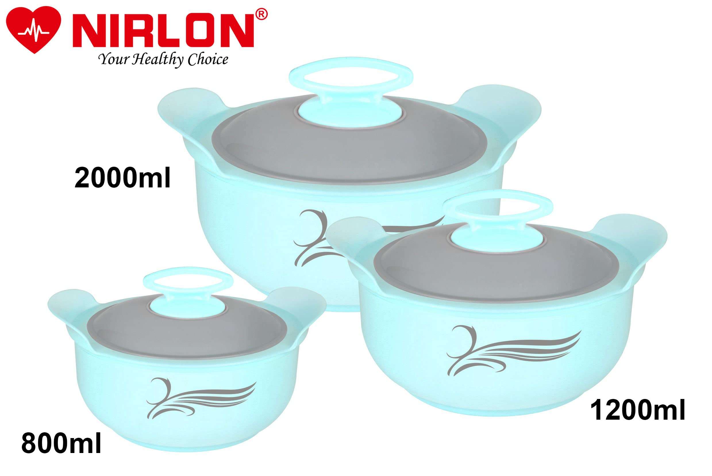 NIRLON Delight Inner Steel Casserole (800ml, 1200ml, 2000ml) Blue With Non Stick Aluminium Hand Toster Combo Set 4
