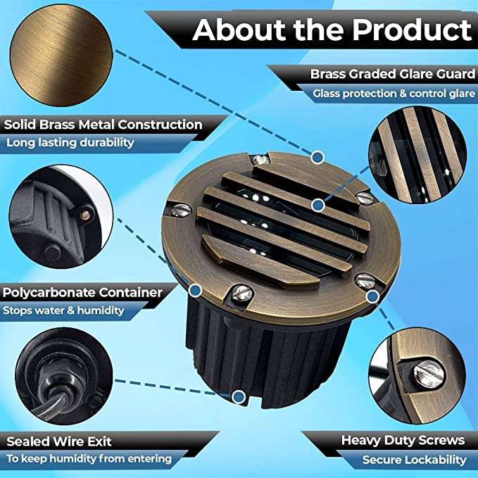 LED Low Voltage Landscape Lighting Well Lights 112 - Solid Brass In Ground Lights for Outside, Long Lasting Garden 12 Volt Landscape Lighting with MR16 7W LED Bulb, Ground Spake & Connectors (4 Pack) 3