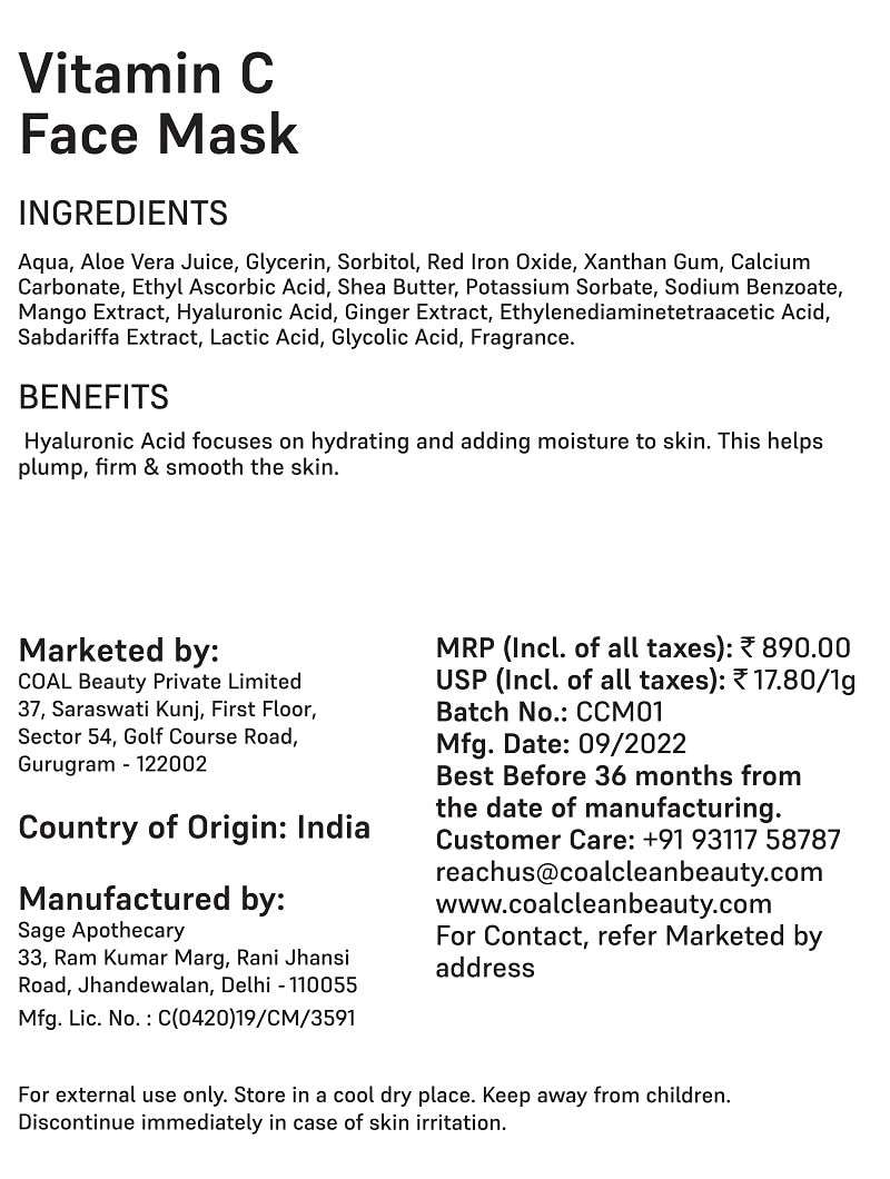 COAL Clean Beauty Vitamin C Face Mask | Vitamin C, Hyaluronic Acid, Mango Extract, Ginger Extract, Xanthan Gum | Hydrates, Cleans Pores, Glowing & Brightening Skin | Women | All Skin Types 3