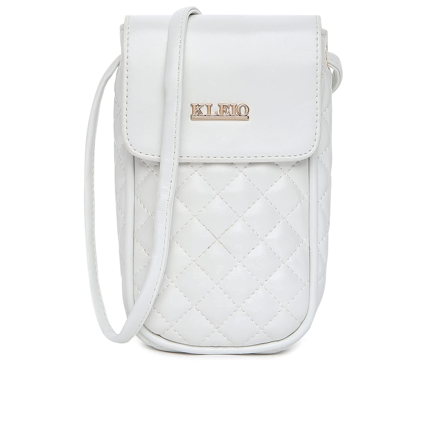 KLEIO Women's Small Quilted Cross-body Mobile Sling Bag Pouch (HO8023KL-WH)(White)