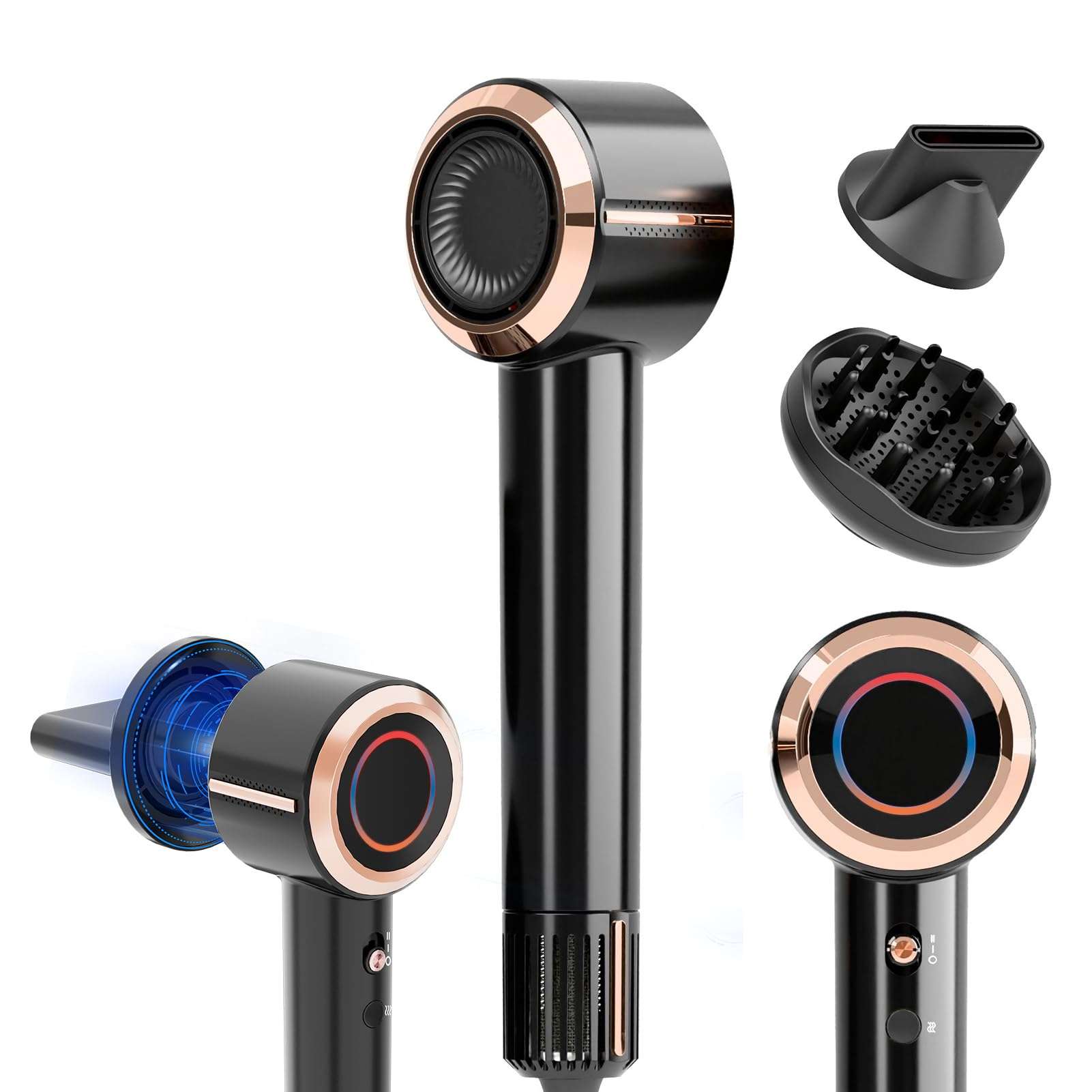 CINOSTAR Hair Dryer, Fast Drying Blow Dryer with Diffuser, with 110, 000RPM Brushless Motor&Ionic Technology No Heat Damage, Lightweight for Women and Travel, Low Noise, Black & Yellow Gold 1