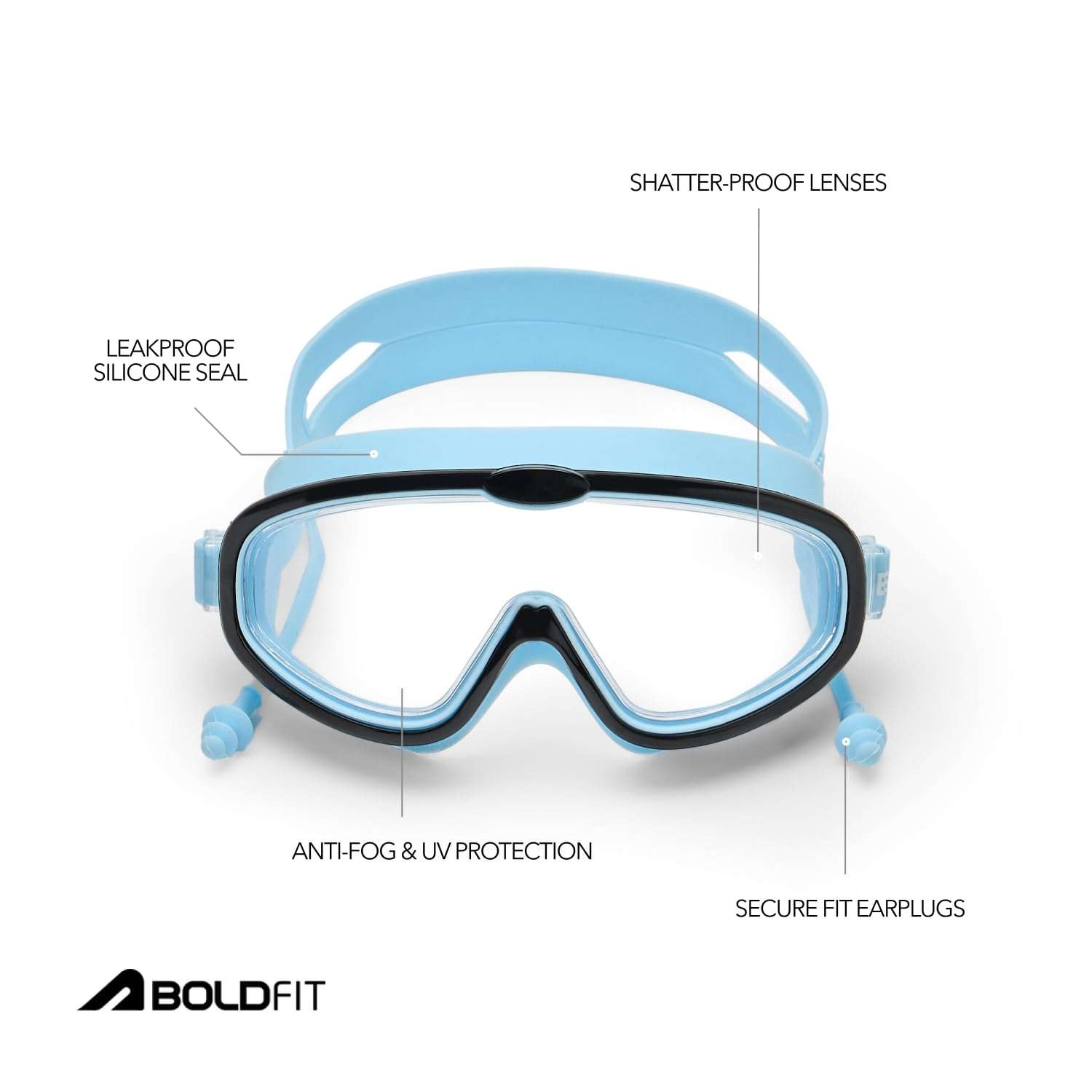 Boldfit Swimming Goggles for Kids, Boys With Adjustable Strap, UV Protection, Antifog Goggles for Swimming Girls Air Tight with Free Ear & Nose Plug - Blue Black 5