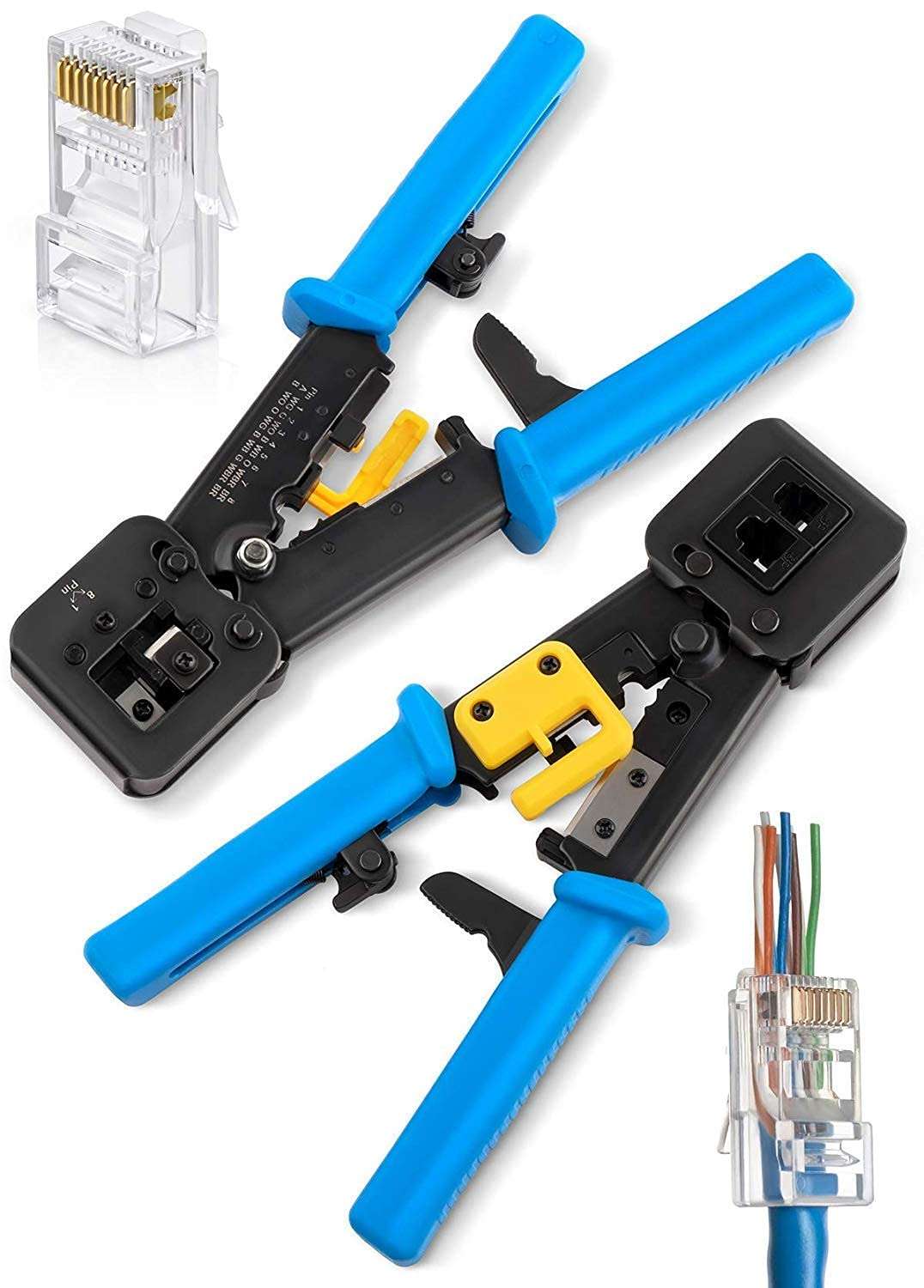 XIKKART Passthrough RJ45 Crimping Tool, Crimp & Cut at Same Time, Network Cable Cutting Stripping Crimper