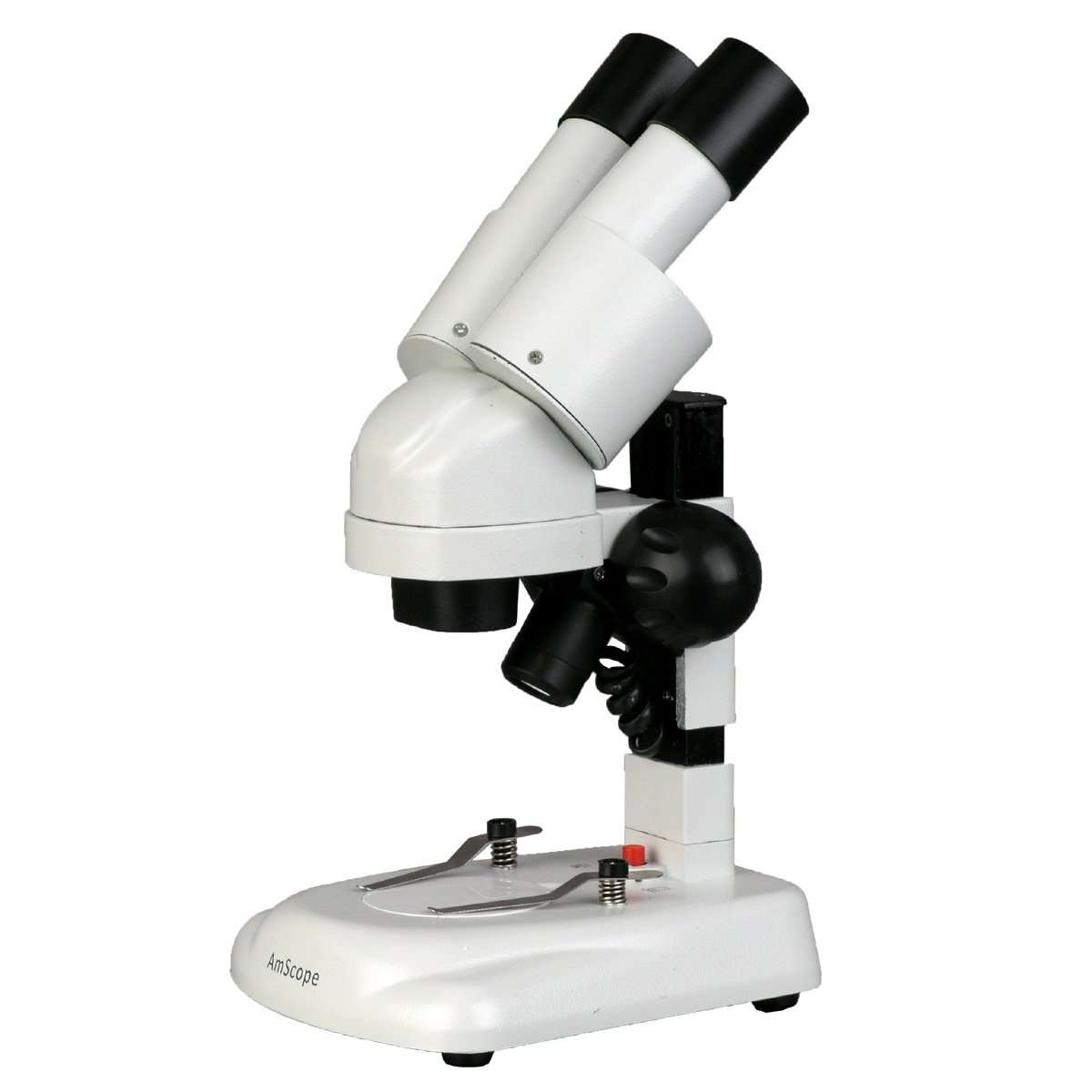 AmScope SE120 Portable Binocular Stereo Microscope, WF10x Eyepieces, 20X Magnification, 2X Objective, LED Lighting, Reversible Black/White Stage Plate, Track-Controlled Table Stand, Battery Powered 1