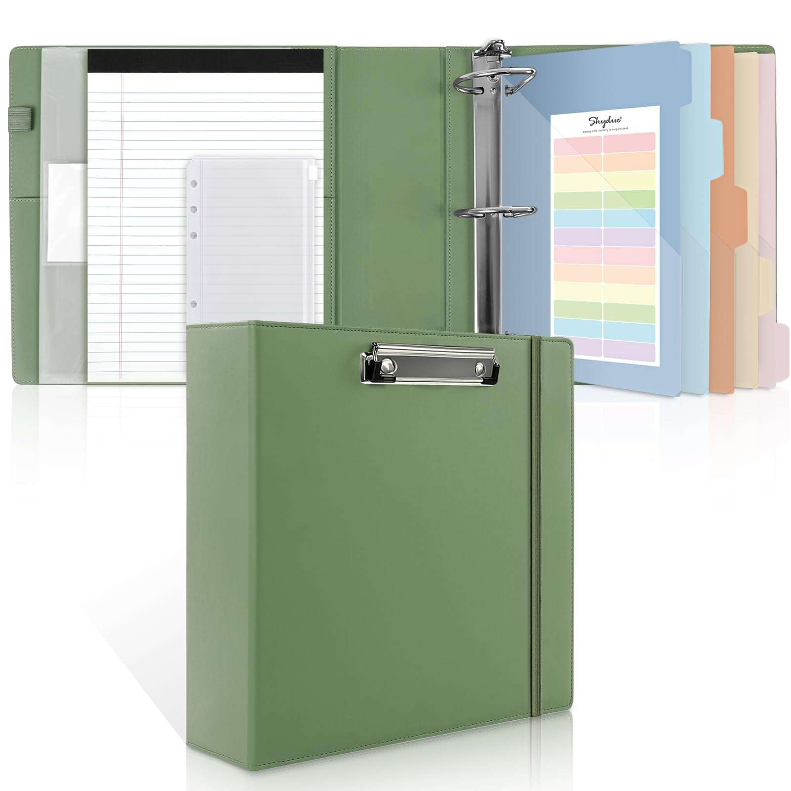 SKYDUE 3 Ring Binder 3 Inch D Ringr with Clipboard, PU Heavy Duty Clipboard Binder with Notepad & 5 Dividers with 5 Pockets, Labels, Clipboard Folder Great for School Office 1