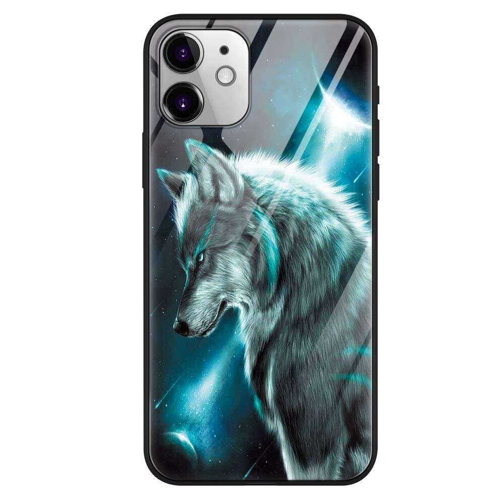 Eouine for Apple iPhone 11 Case, [Anti-Scratch] Shockproof Patterned Tempered Glass Back Cover Case with Soft Silicone Bumper Skin for Apple iPhone11 Smartphone (Wolf 2) 1