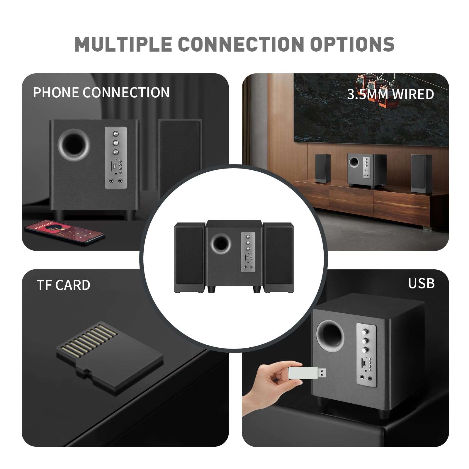 Elimavi TV Surround Sound System with 5.5-inch Subwoofer and 3-inch Mid Tweeter for Home Theater Speakers, 60W Peak Power, Support RCA/BT/TF Card Inputs Suitable for TVs, PCs 5