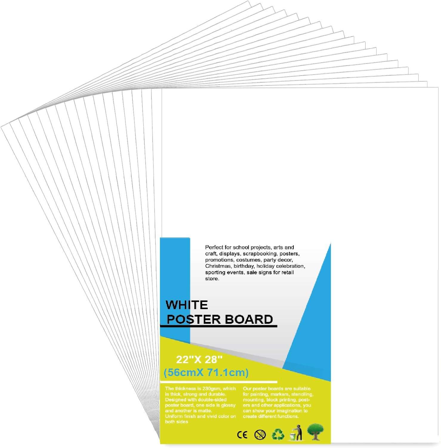 10 Pcs Poster Board 22" x 28" White Poster Paper Bulk, ROOKEA 250 GSM Vision Board for School Arts Craft Projects Presentations Drawing Scrapbooking Blank Graphic Display Office Supplies