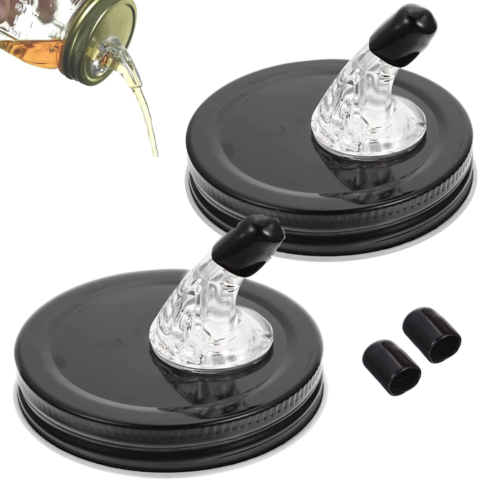 Mason Jar Pour Spouts,Free Flow Pouring Dispenser for Moonshine Whisky Pouring Lids,fit 2.75 Inch Regular Mouth Mason Jar,Dust Proof Cover,No Flap,Black QurHapzy(2Pack)