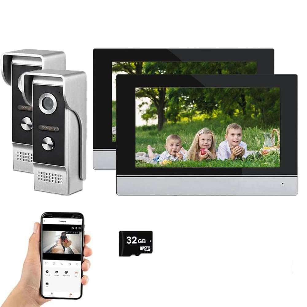 ANJIELO SMART Wired Video Intercom System,WiFi 1080P 7 Inch Color Touch Monitor,Video Intercom System Doorbell Camera with Motion Detection,Anti-Tamper Alarm,Night Vision (2 Doorbell+2 Monitor)