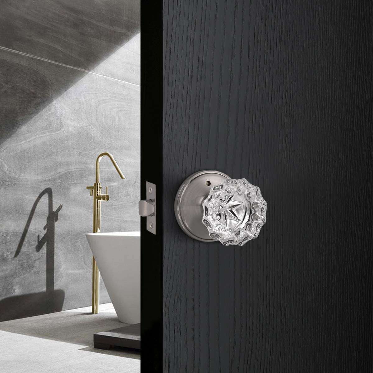 knobelite (6 Pack Diamond Crystal Glass Interior Door Knobs with Lock,Privacy Door Knobs for Bed and Bath,Round Crystal Glass Keyless Door Knobs Interior,Privacy Function,Satin Nickel 6
