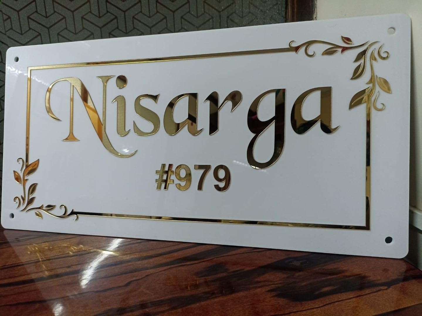 CHELNA Customized Golden Flower Border White Name Plate with Mirror Gold Laser Cut Letter for Entrance Decoration(25x14) 4