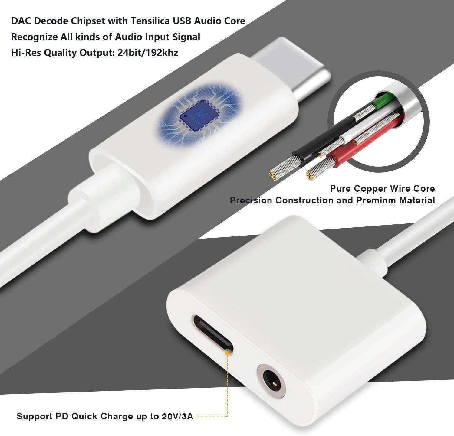 USB-C Headphone Adapter Earphone 3.5mm Jack Compatible with Samsung Galaxy Tab S9 11", Type-C Charger Port Splitter Mic Support Hands-Free Headset Adaptor 6