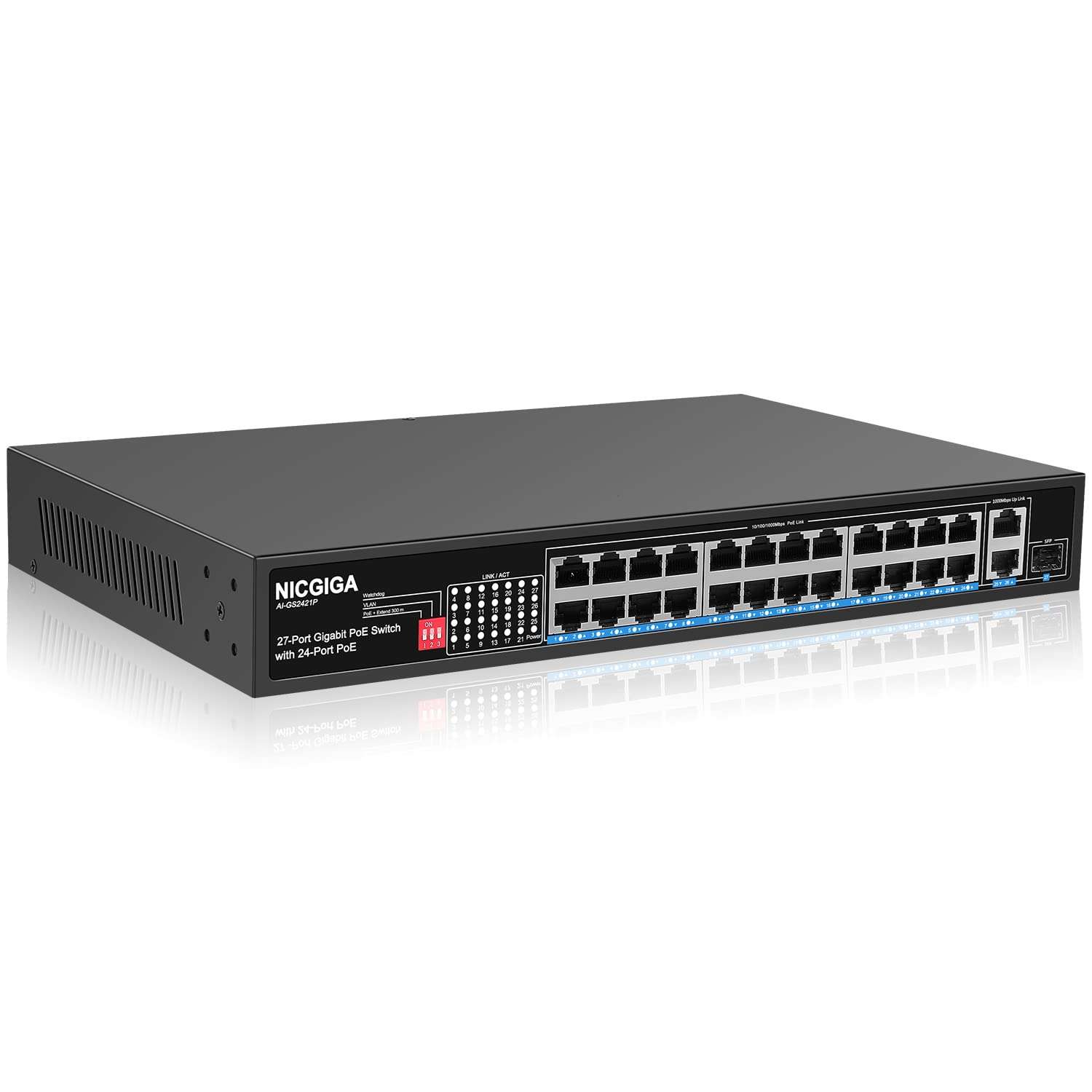 NICGIGA 24 Port Gigabit PoE Switch with 24 Port PoE+@300W, 2 Gigabit Uplink Port, 1 SFP, Sturdy Metal for Desktop/Rack Mount, AI Watchdog, VLAN Mode, Plug and Play, Unmanaged Power over Ethernet 1