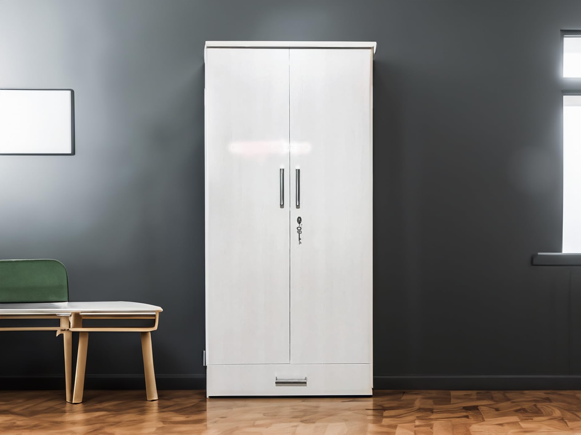 CASPIAN Furniture Wooden 2 Door Wardrobe for Bedroom with Mirror Attached | Cupboard with Locker 2 Drawers 4 Shelves Size 75 x 30 x 19 inches (Super White)