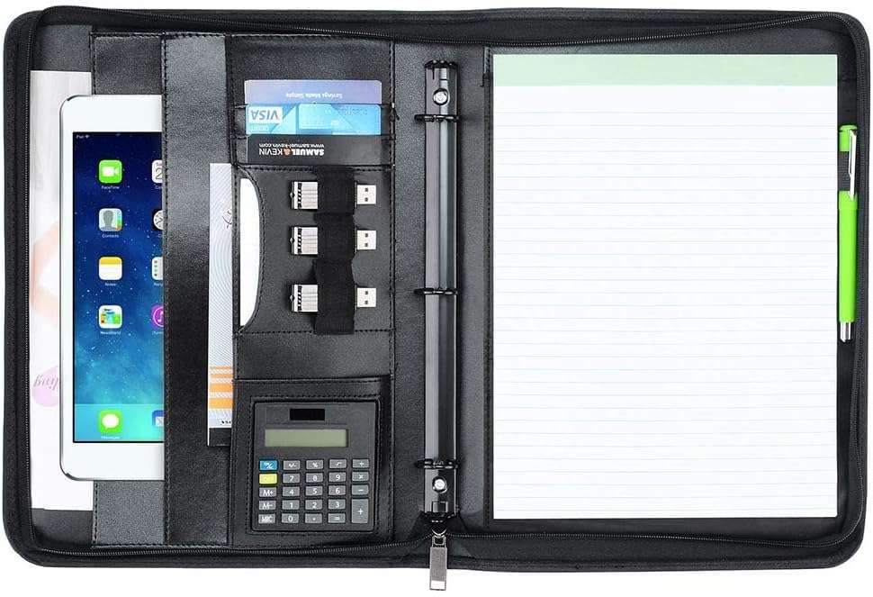 KUSCOR Padfolio Portfolio with 10.1 inch Tablet Sleeve, Professional Interview and 3 Ring Business PU Leather Folder, Zippered Closure, Writing Pad, Calculator, Card Holder, Black 1