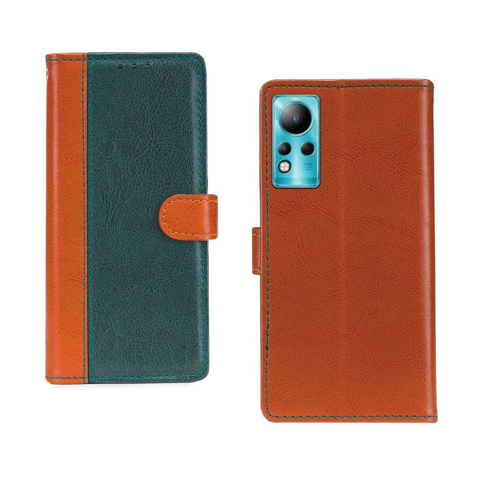 Inktree Infinix Note 11 Flip Case | Premium Leather Finish Flip Cover | with Card Pockets | Wallet Stand |Complete Protection Flip Cover for Infinix Note 11 - Camel and Green