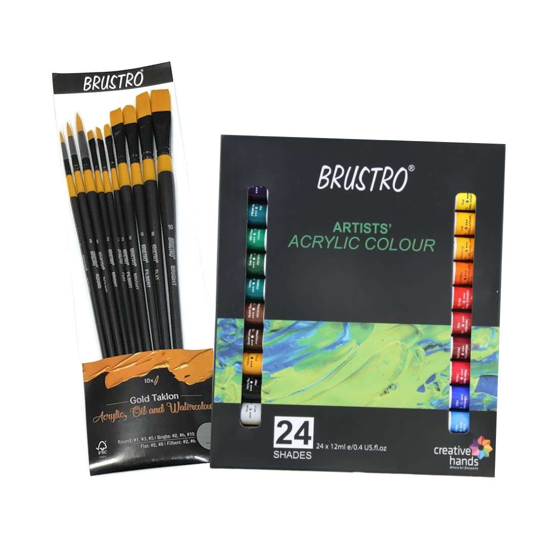 BRUSTRO Acrylic Paint Set of 24, Multicolour 12ml Tubes with Gold Taklon Brush Set of 10 1