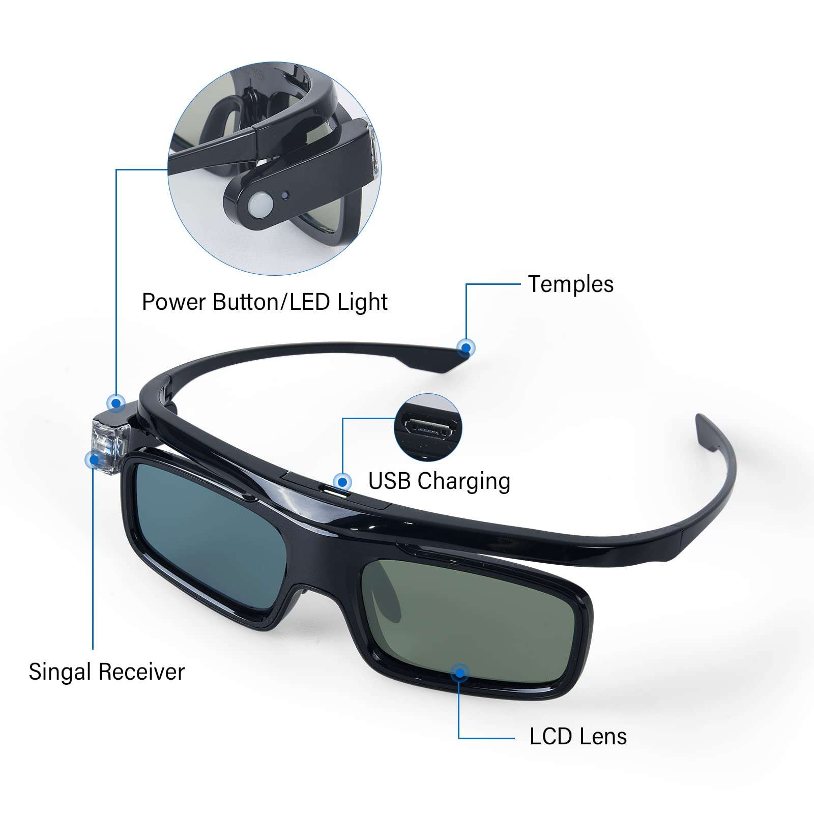 3D Glasses, Active Shutter Rechargeable Eyewear for 3D DLP-Link Projectors Cocar Toumei 5