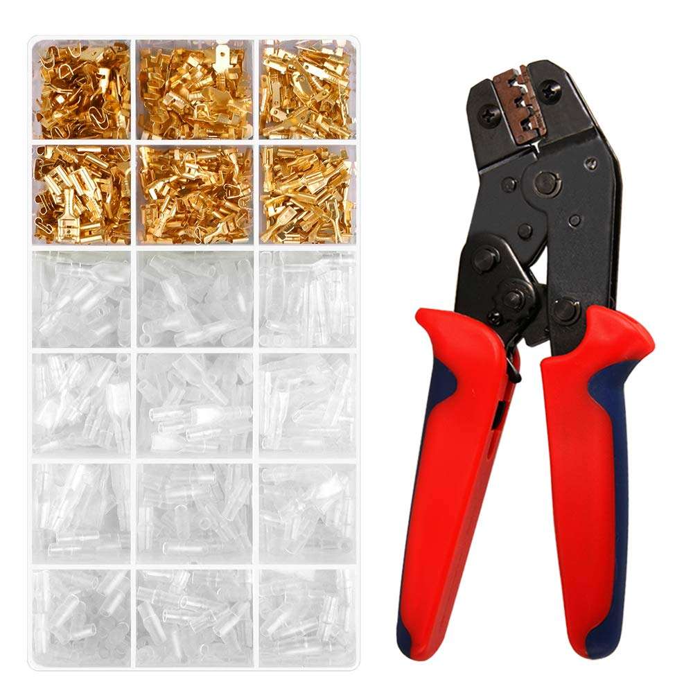 Wire Terminals Crimping Tool Kit, Self-Adjusting Automatic Ratcheting Wire Terminals Crimper Tool AWG22-16 (0.5-1.5mm²) with 300PCS Male and 300PCS Female Spade Connectors 1