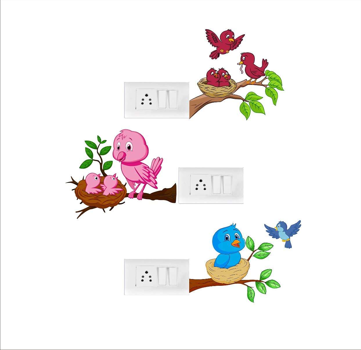 Heaven Decors Cute Birds On Tree Branch Switch Board Wall Sticker (Standard Size),Multicolour 3