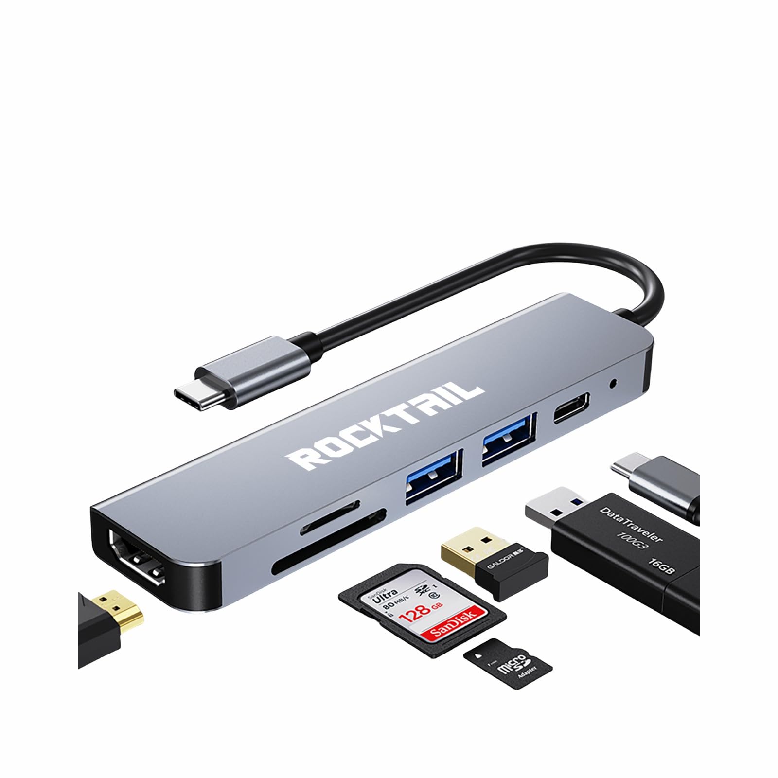 ROCKTAIL (6-in-1) USB C Hub, USB C Multi-Port Adapter, USB C to HDMI Hub Compatible for USB C Laptops and Other Type C Devices (4K HDMI USB3.0 100W PD SD/TF Card Reader)