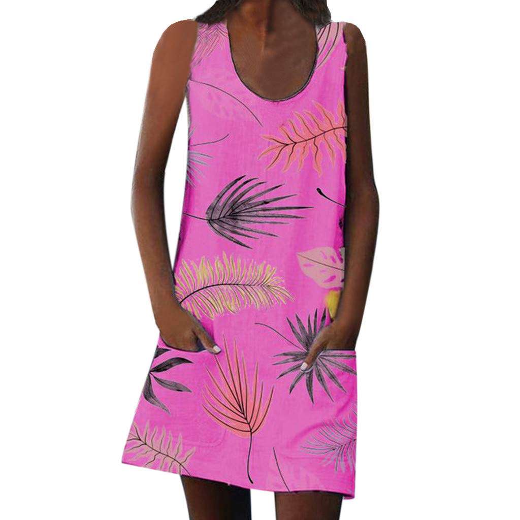 Womens Camisole Dresses Summer Sleeveless Bohemian Leaf Printed Pockets Sundress Casual A-Line Short Skirts (M, Hot Pink)