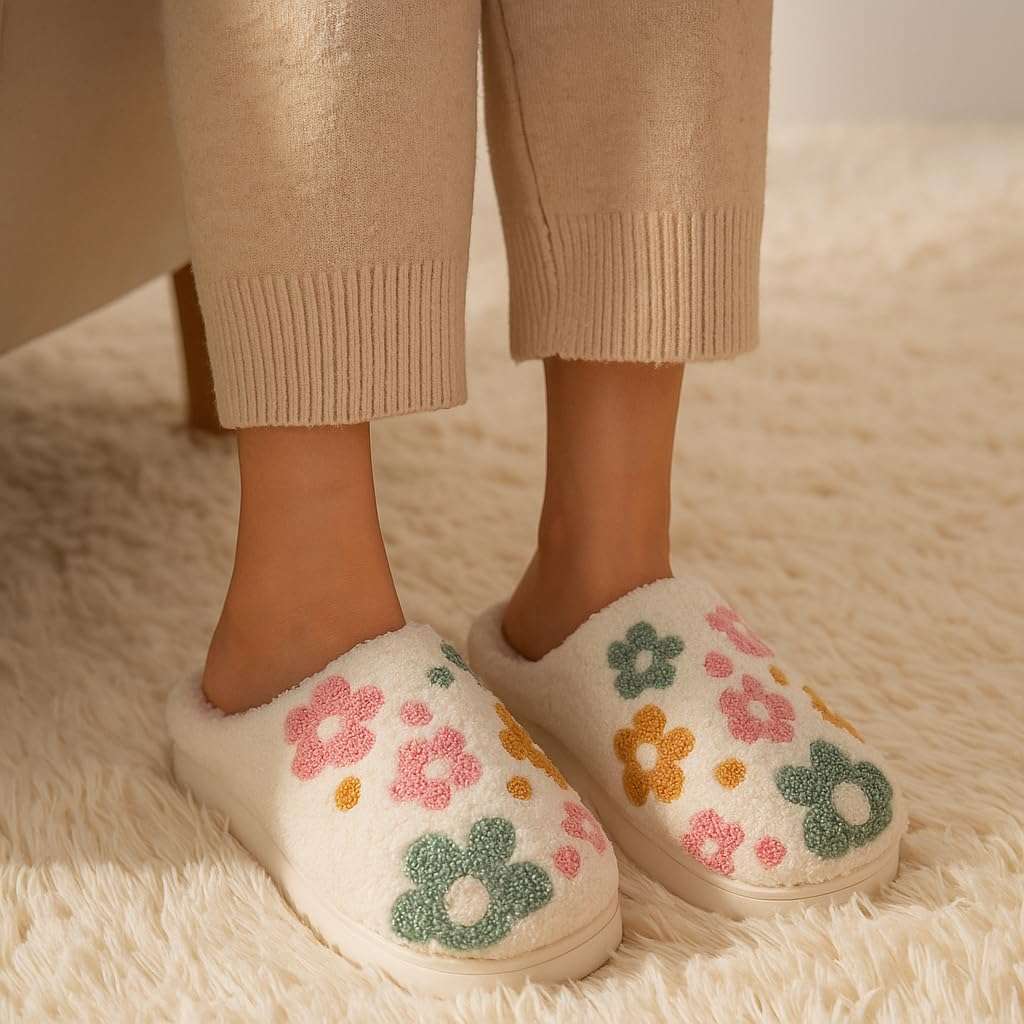 Furry House Slippers for Women/Men Warm Indoor Non-Slip Winter Shoes Flower Slippers Indoor Shoes 5