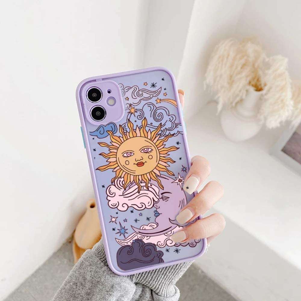 Ownest Compatible with iPhone 11 Case for Clear Frosted PC Back 3D Sun Moon Cartoons Girls Woman and Soft TPU Bumper Silicone Slim Case for iPhone 11-Purple 3