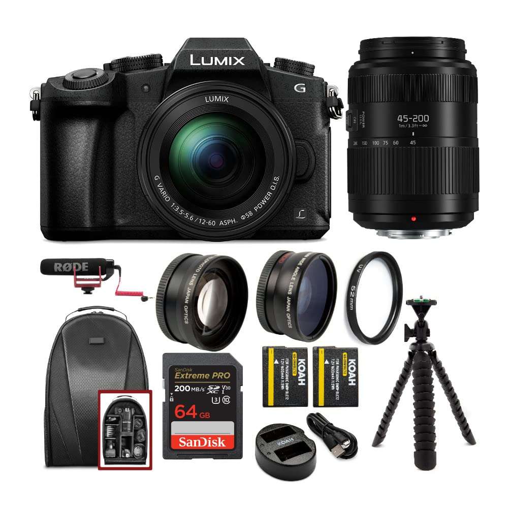 Panasonic LUMIX G85 4K Mirrorless Camera with G Vario 12-60mm and 45-200mm Lens Bundle with Microphone, Battery and Dual Charger, Backpack, 64GB Card, Tripod, 58mm Lens and Protection Filter (9 items) 1