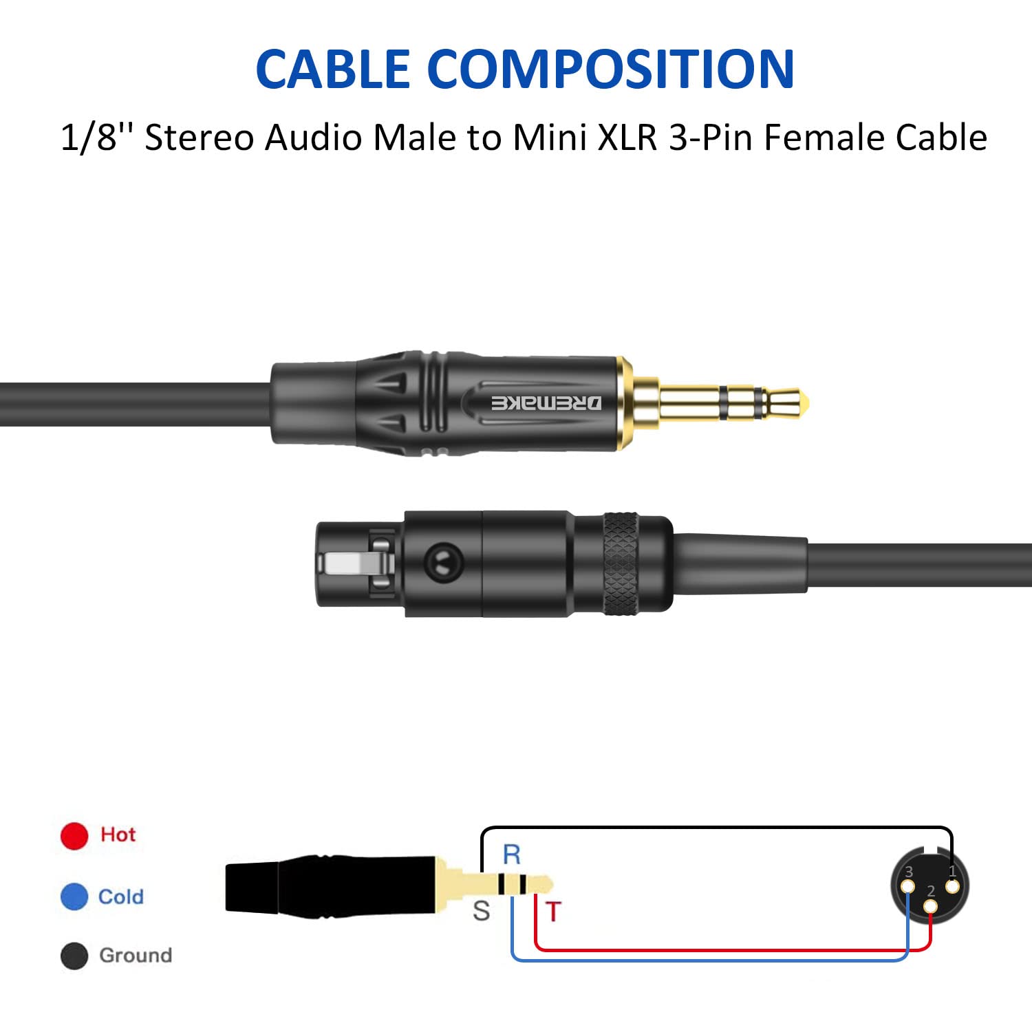 DREMAKE Jack 3.5mm to Mini XLR Adapter Cable 5FT, 3.5mm 1/8'' to 3-Pin Mini XLR Cable, TRS 1/8 Inch Aux Stereo Male to Mini XLR Female Converter Audio Cable for Camera Mini-XLR Female to 3.5mm Male 4