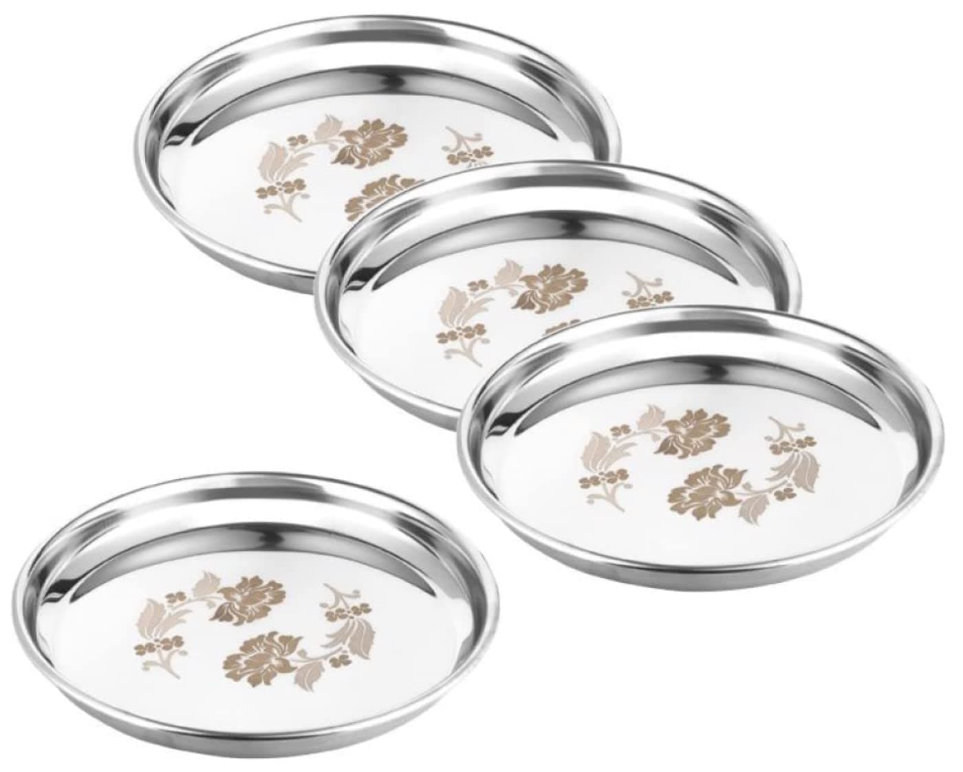 KC Stainless Steel Dinner Plate | Thali | Khumcha Plate with Laser Flower Design Set of 4 Plates (Diamm. 27 Cms) 3