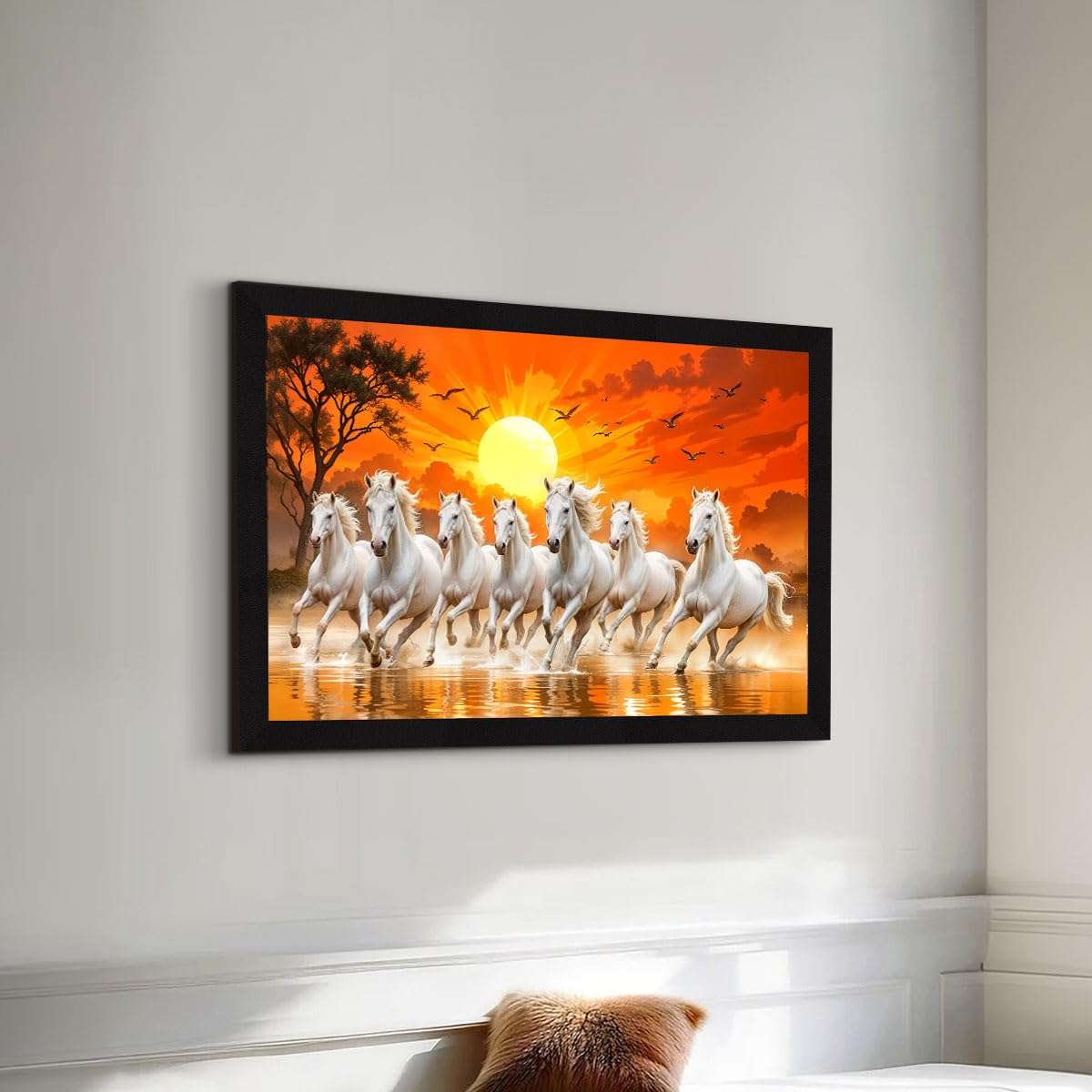 ArtX Paper 7 Horses Vastu Frame Wall Art Painting, White Running Horses On Water Painting Vastu Rising Sun Wall Decor, Multicolor, Nature, 18.0 X 12.0 inches, Set of 1 4