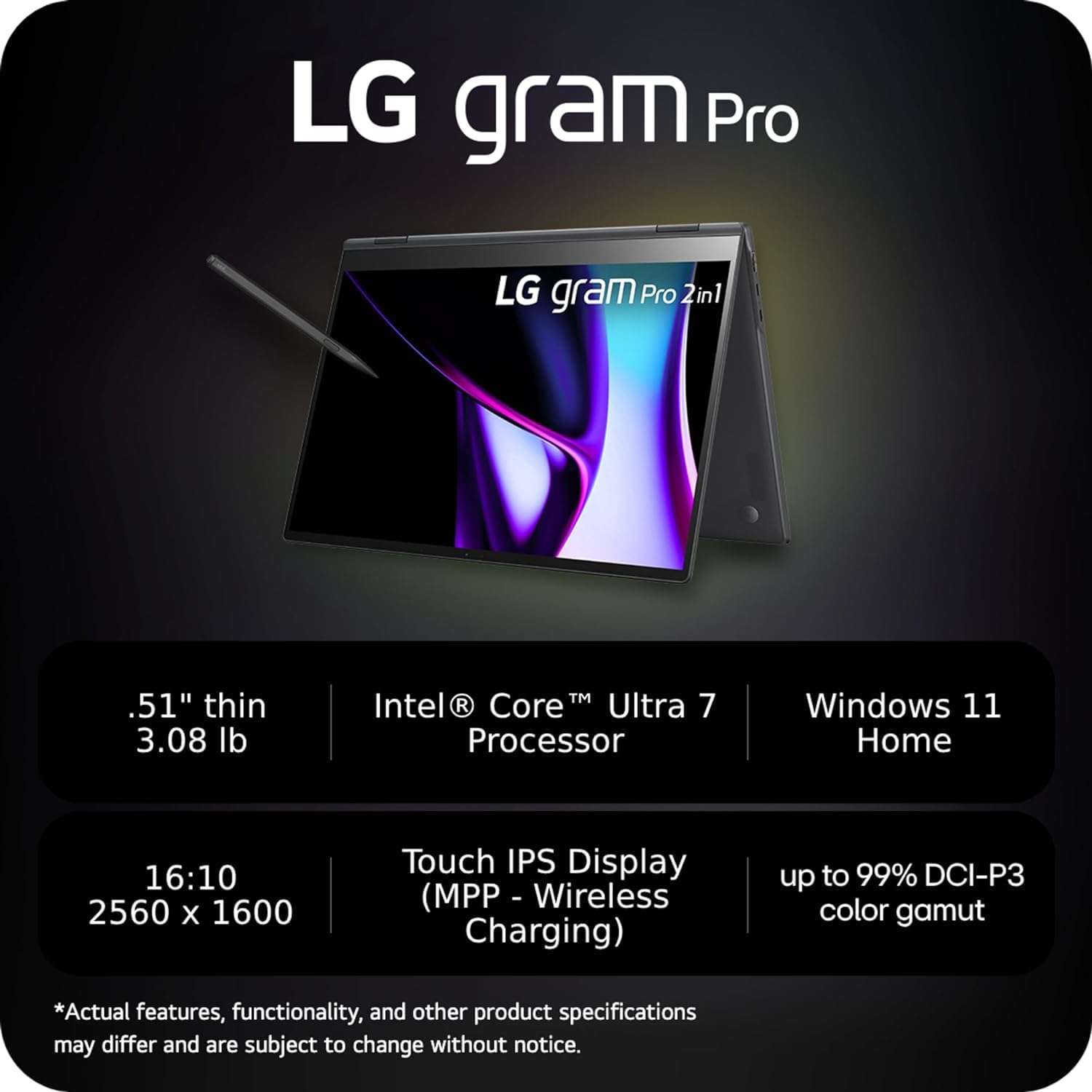 LG Gram Pro 16 Laptop Touchscreen 2in1 - Intel Core Ultra 7-155H - Windows 11 - Backlit Keyboard - 20.5 Hours Battery - Ultralight Thin - AI PC 2024 - w/HDMI (32GB RAM |1TB PCIe SSD) 3